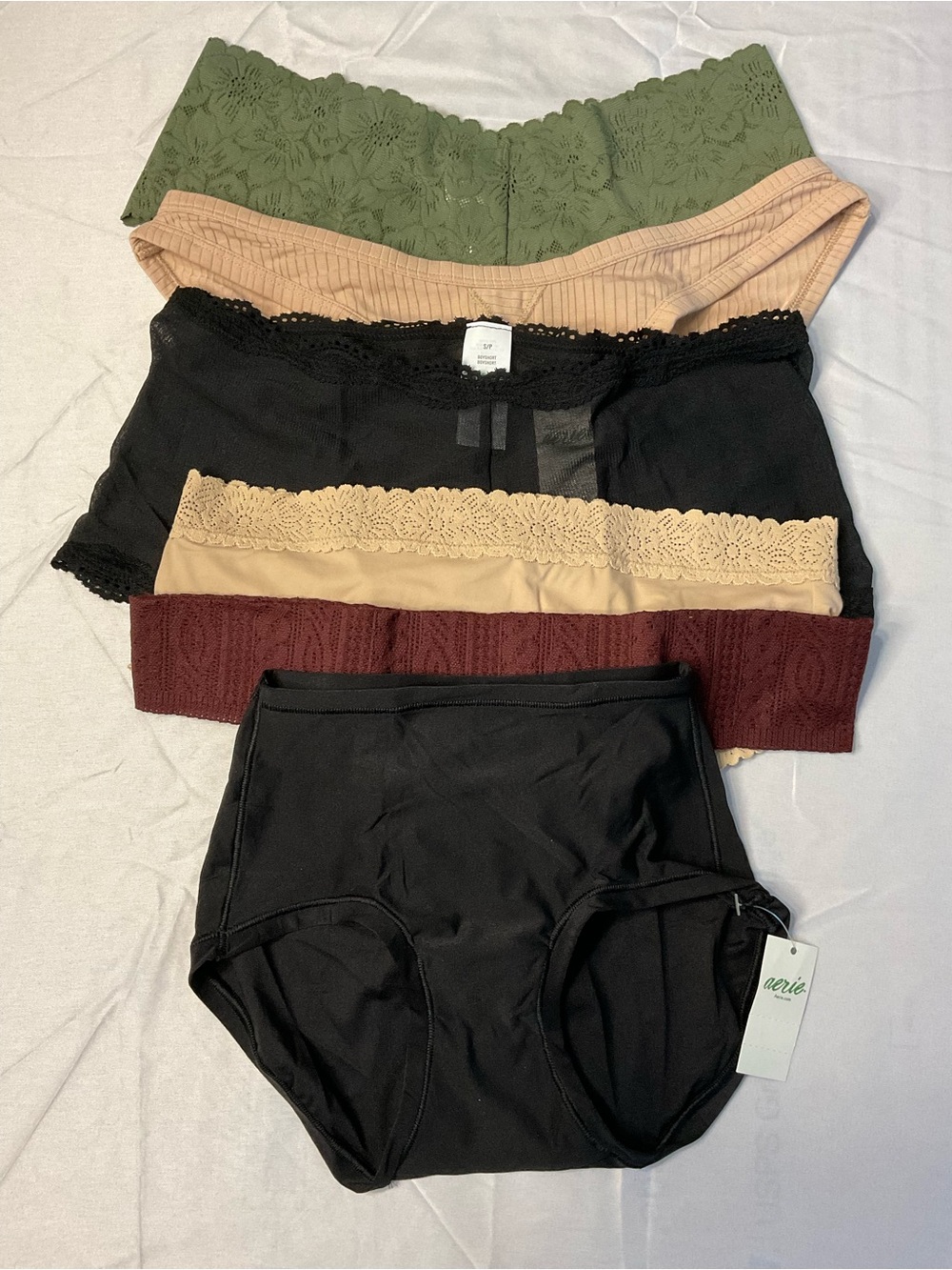 aerie Lace-Trim & High-Waist Panty Set - Black, Olive, Beige, Burgundy